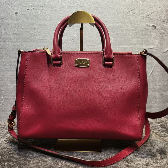 Michael Kors Kellen Satchel Bag Womens Medium Cherry Red Leather Crossbody Purse - Picture 1 of 9